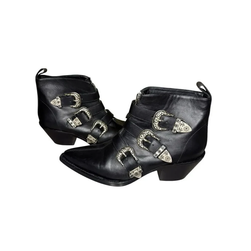 R13 Ankle Three Buckle Boot Black Leather sz 38 $995